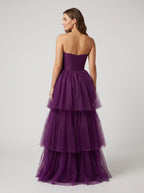Plum Tulle A-Line Sweetheart Corset Back Floor-Length Dress with Tiered Skirt - Curvevia