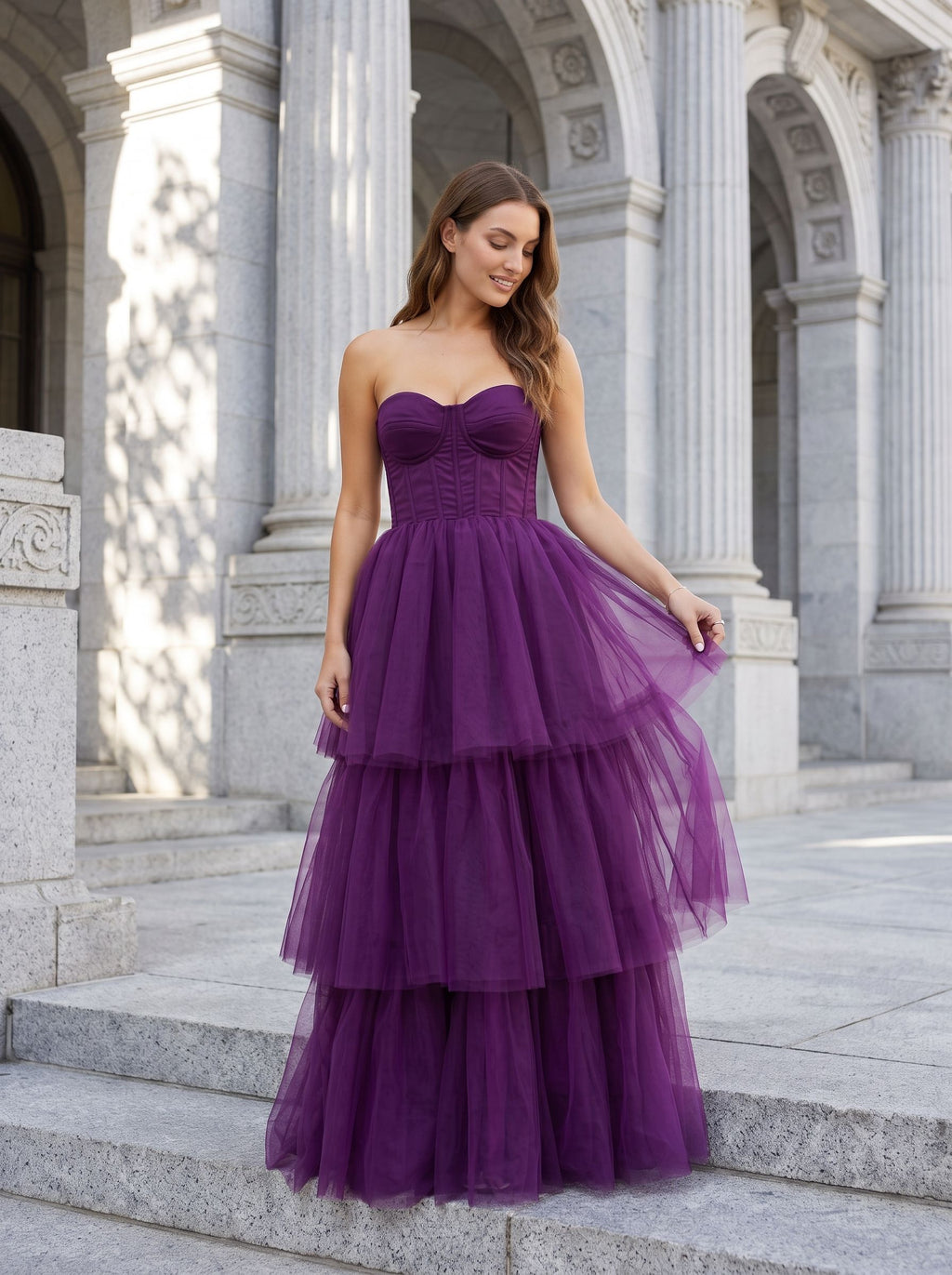 Plum Tulle A-Line Sweetheart Corset Back Floor-Length Dress with Tiered Skirt - Curvevia