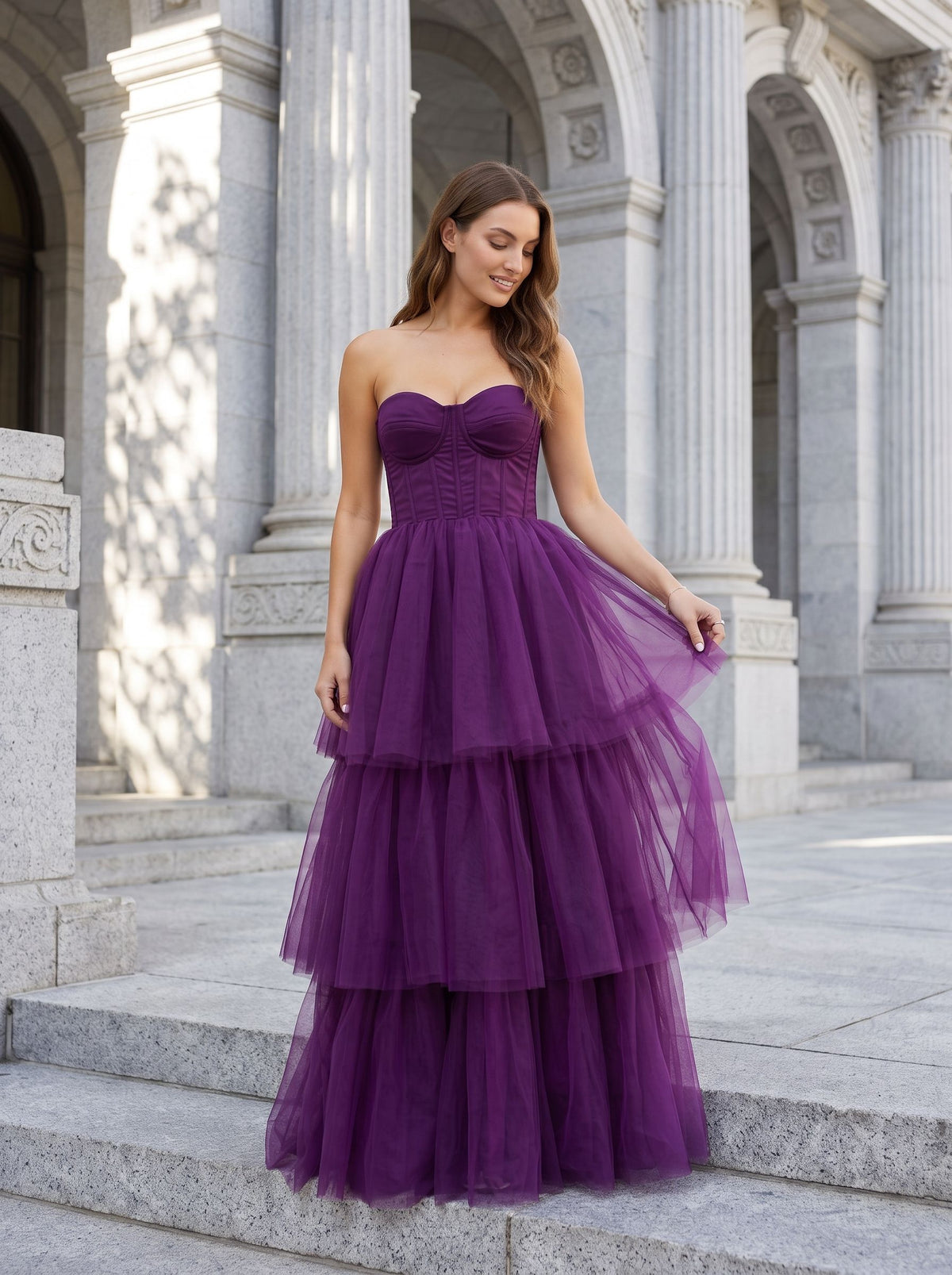Plum Tulle A-Line Sweetheart Corset Back Floor-Length Dress with Tiered Skirt - Curvevia