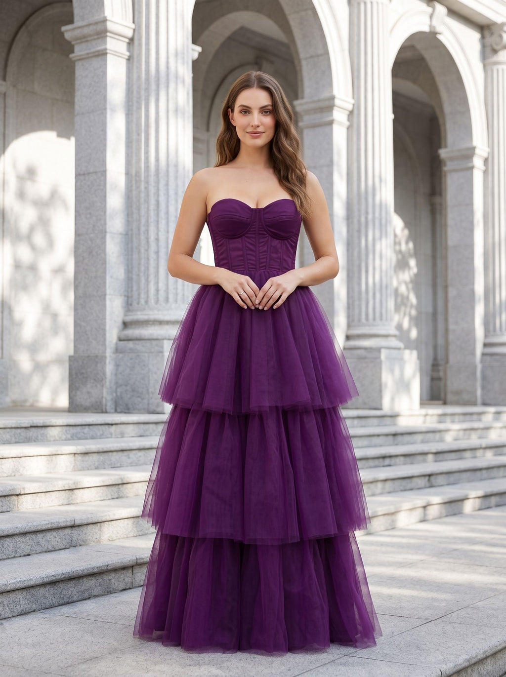 Plum Tulle A-Line Sweetheart Corset Back Floor-Length Dress with Tiered Skirt - Curvevia