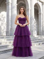 Plum Tulle A-Line Sweetheart Corset Back Floor-Length Dress with Tiered Skirt - Curvevia