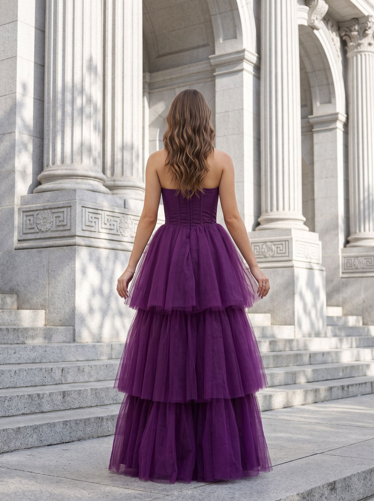 Plum Tulle A-Line Sweetheart Corset Back Floor-Length Dress with Tiered Skirt - Curvevia