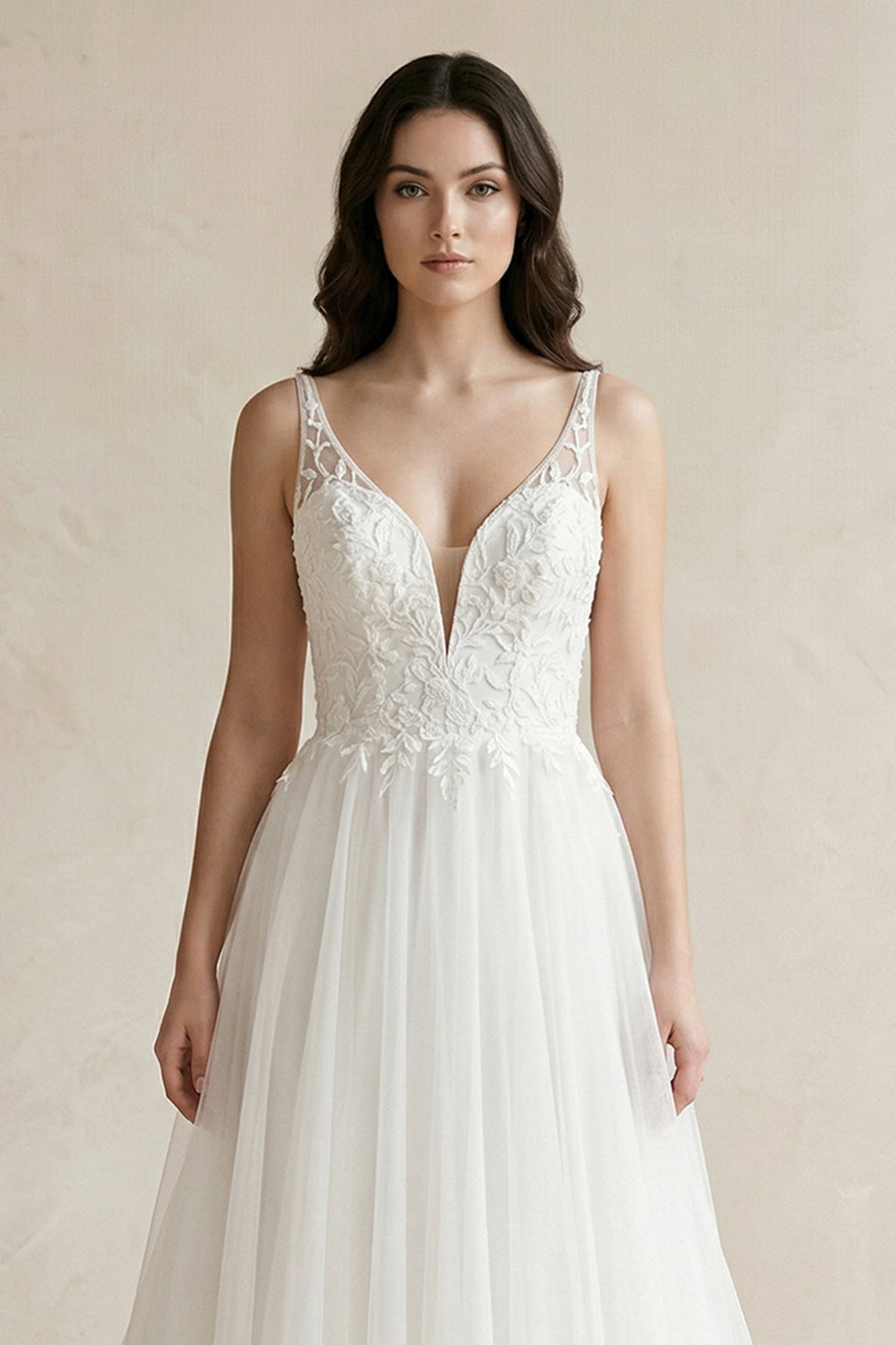 Plunge Tulle A-Line Appliqued Maxi Wedding Dress in White - Curvevia