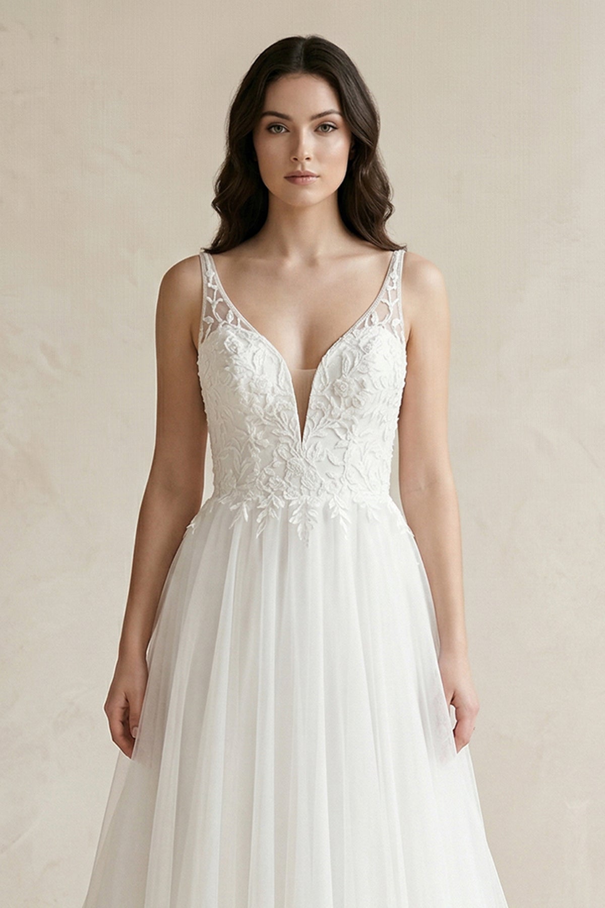 Plunge Tulle A-Line Appliqued Maxi Wedding Dress in White - Curvevia