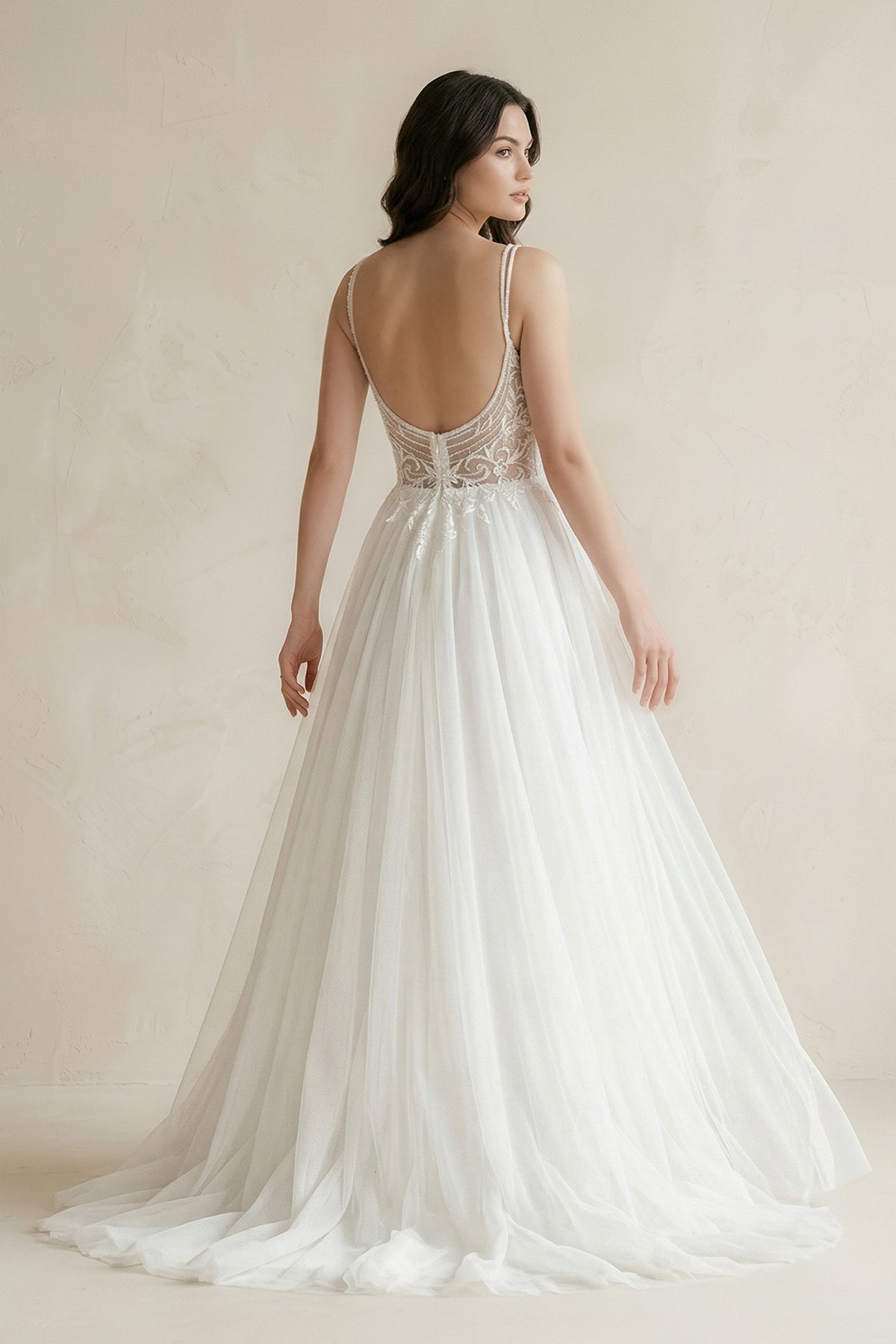 Plunge Tulle A-Line Appliqued Maxi Wedding Dress in White - Curvevia
