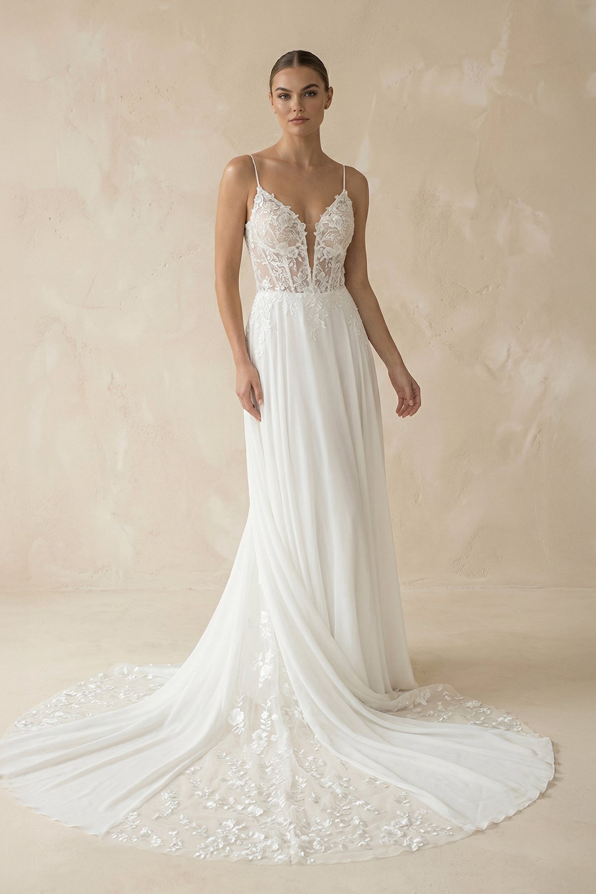 A-Line V Neck Chiffon Boho White Appliques Wedding Dresses - Curvevia