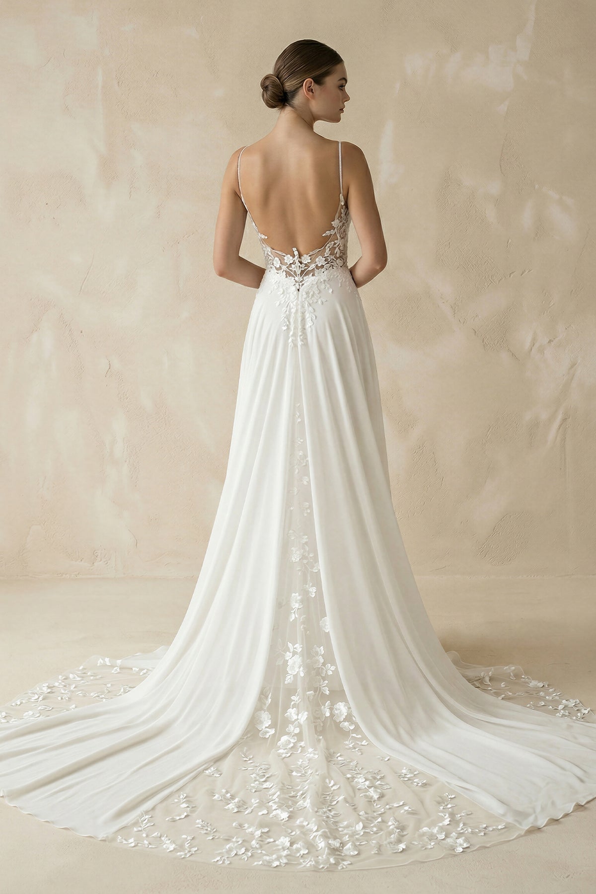 A-Line V Neck Chiffon Boho White Appliques Wedding Dresses - Curvevia