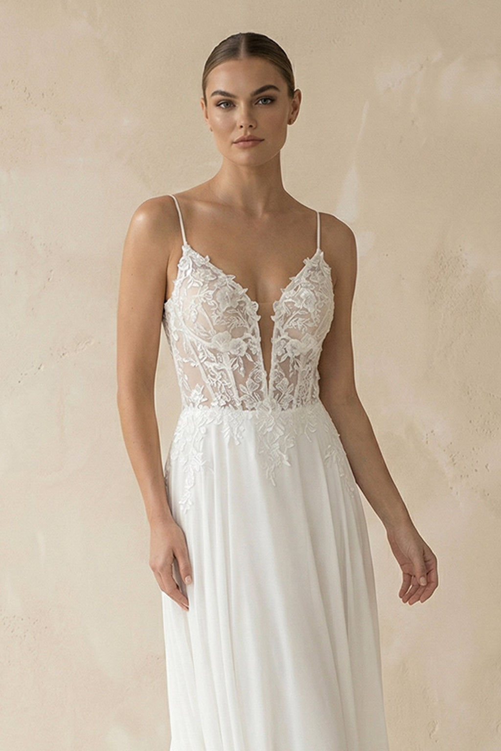 A-Line V Neck Chiffon Boho White Appliques Wedding Dresses - Curvevia