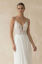 A-Line V Neck Chiffon Boho White Appliques Wedding Dresses - Curvevia