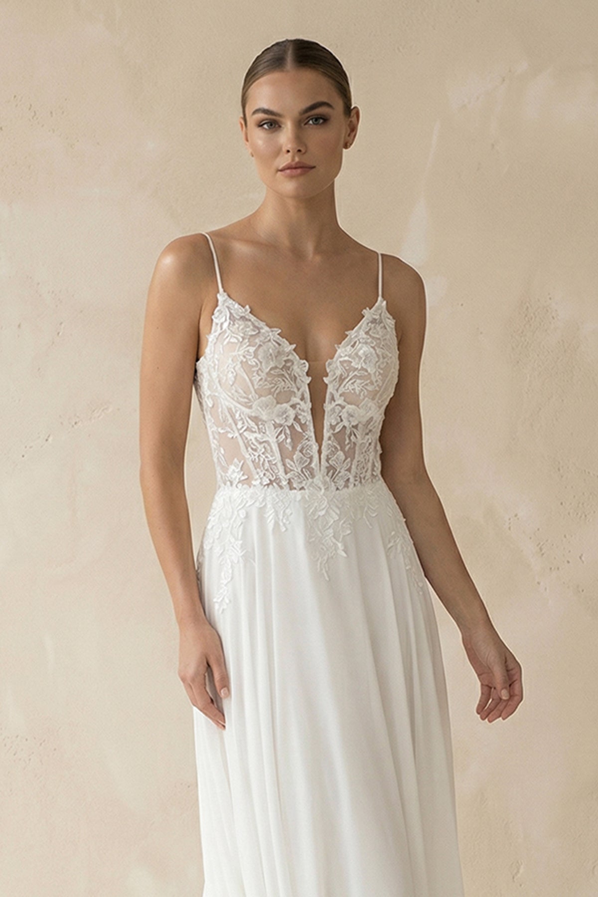 A-Line V Neck Chiffon Boho White Appliques Wedding Dresses - Curvevia