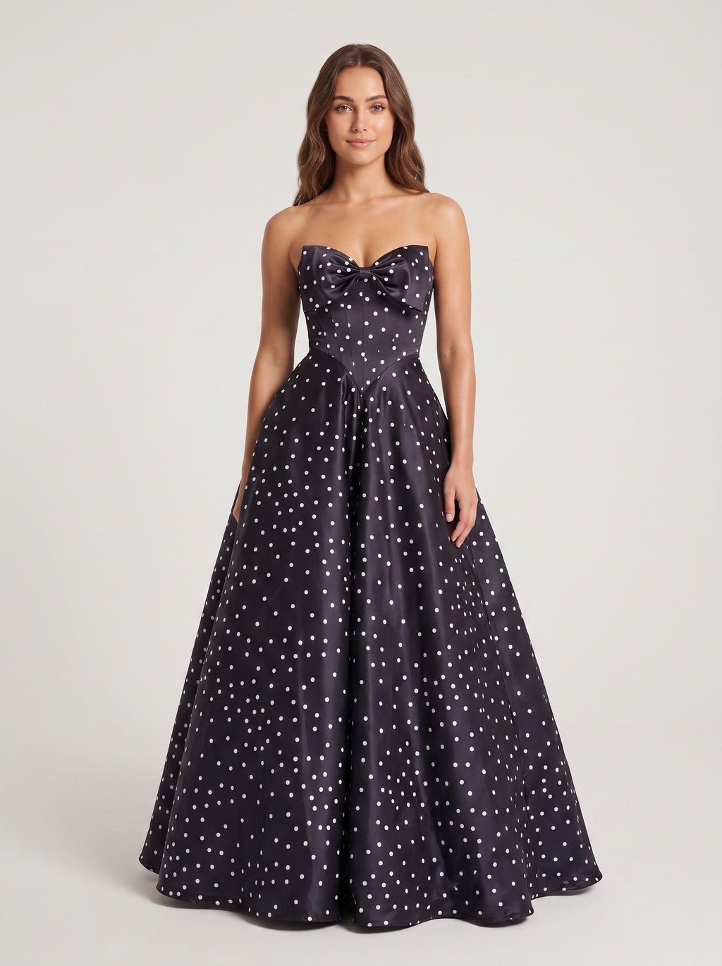 Black Satin A-Line Sweetheart Bow Floor-Length Dress with Polka Dots - Curvevia