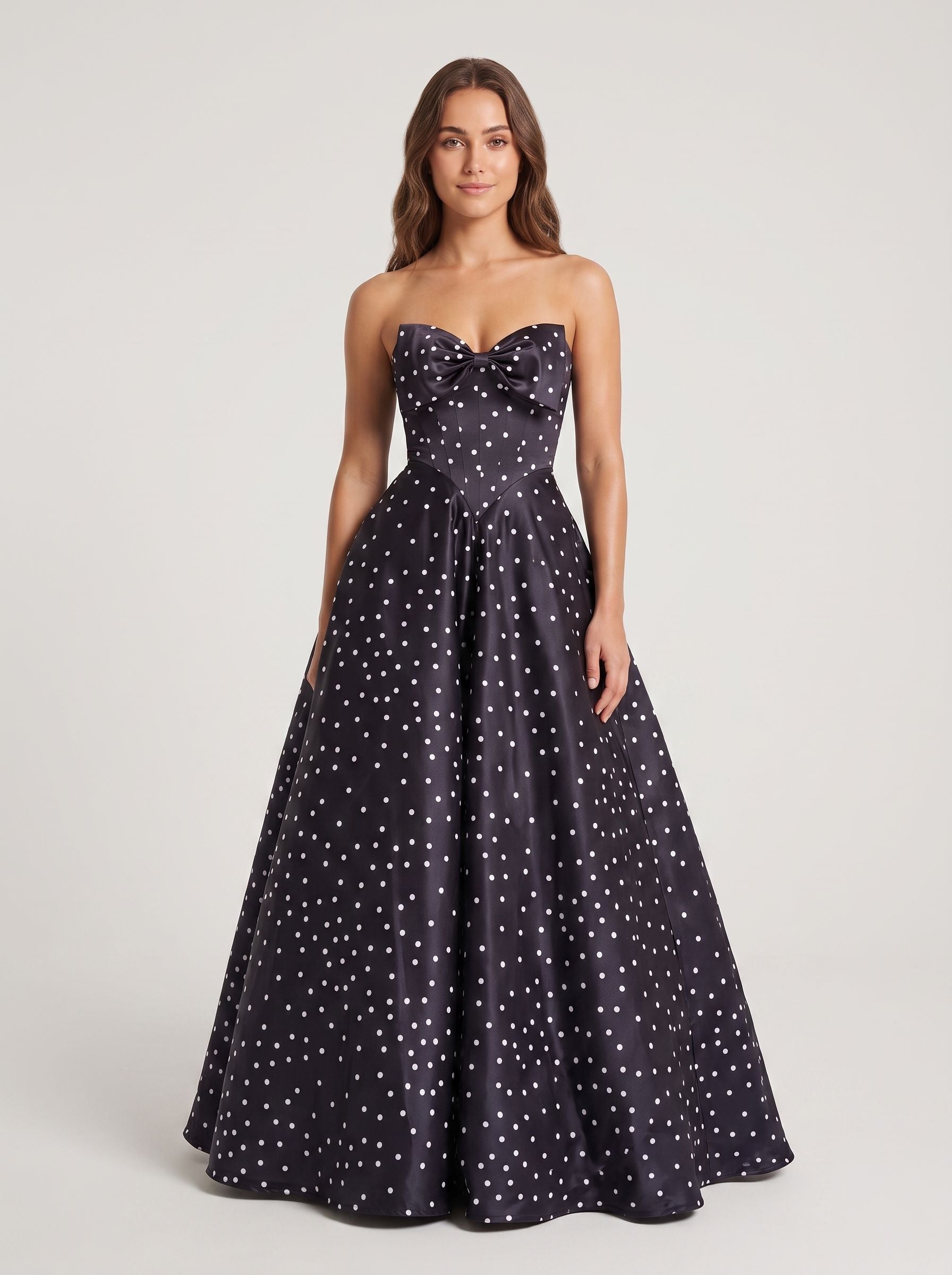 Black Satin A-Line Sweetheart Bow Floor-Length Dress with Polka Dots - Curvevia