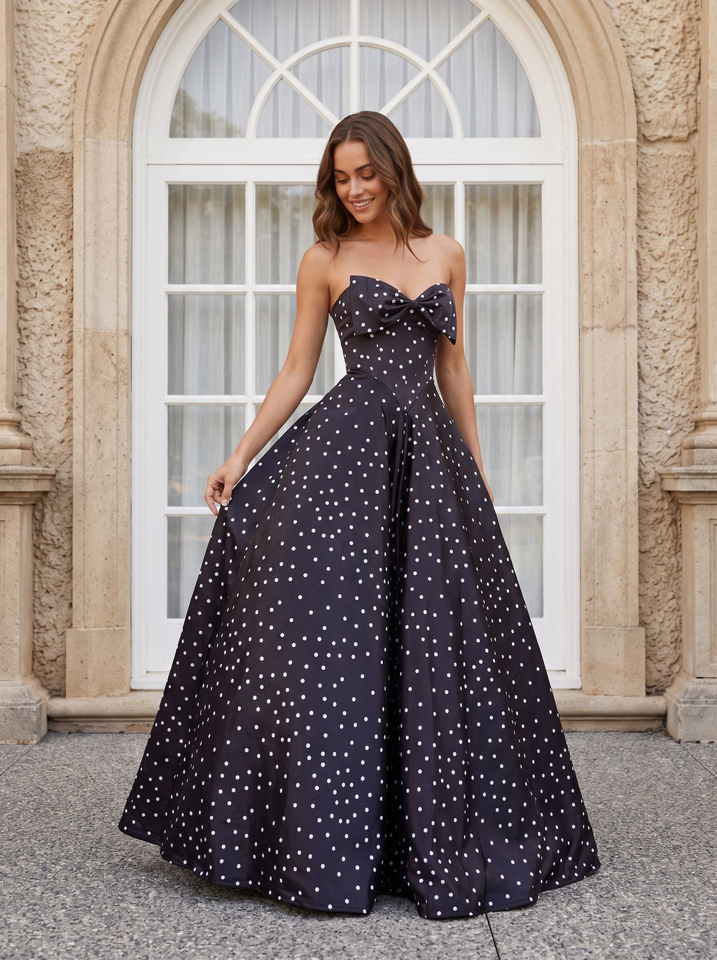 Black Satin A-Line Sweetheart Bow Floor-Length Dress with Polka Dots - Curvevia