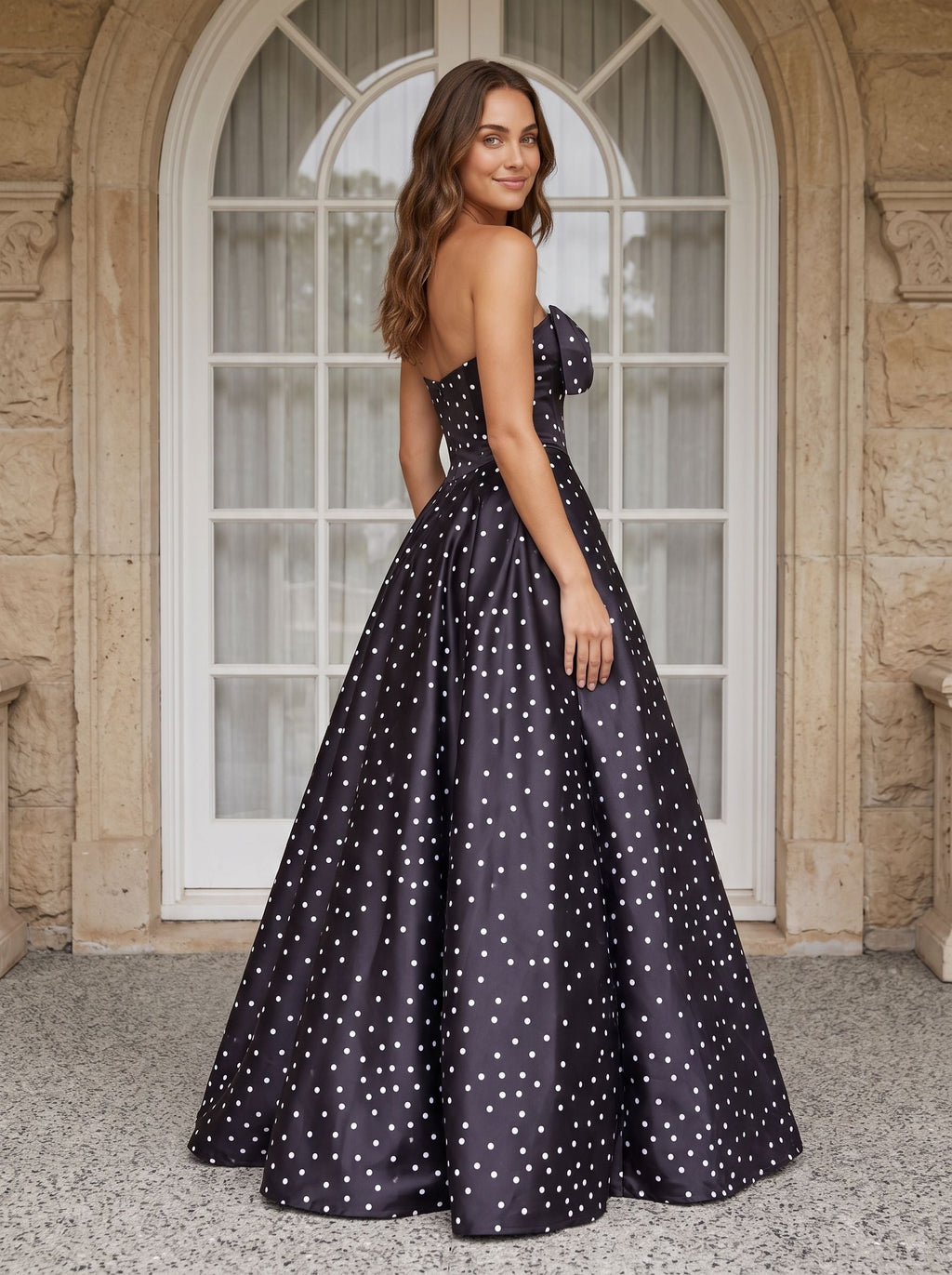 Black Satin A-Line Sweetheart Bow Floor-Length Dress with Polka Dots - Curvevia