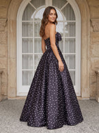 Black Satin A-Line Sweetheart Bow Floor-Length Dress with Polka Dots - Curvevia