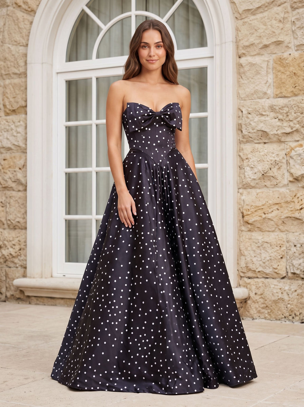 Black Satin A-Line Sweetheart Bow Floor-Length Dress with Polka Dots - Curvevia