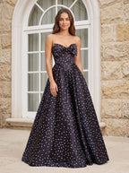 Black Satin A-Line Sweetheart Bow Floor-Length Dress with Polka Dots - Curvevia
