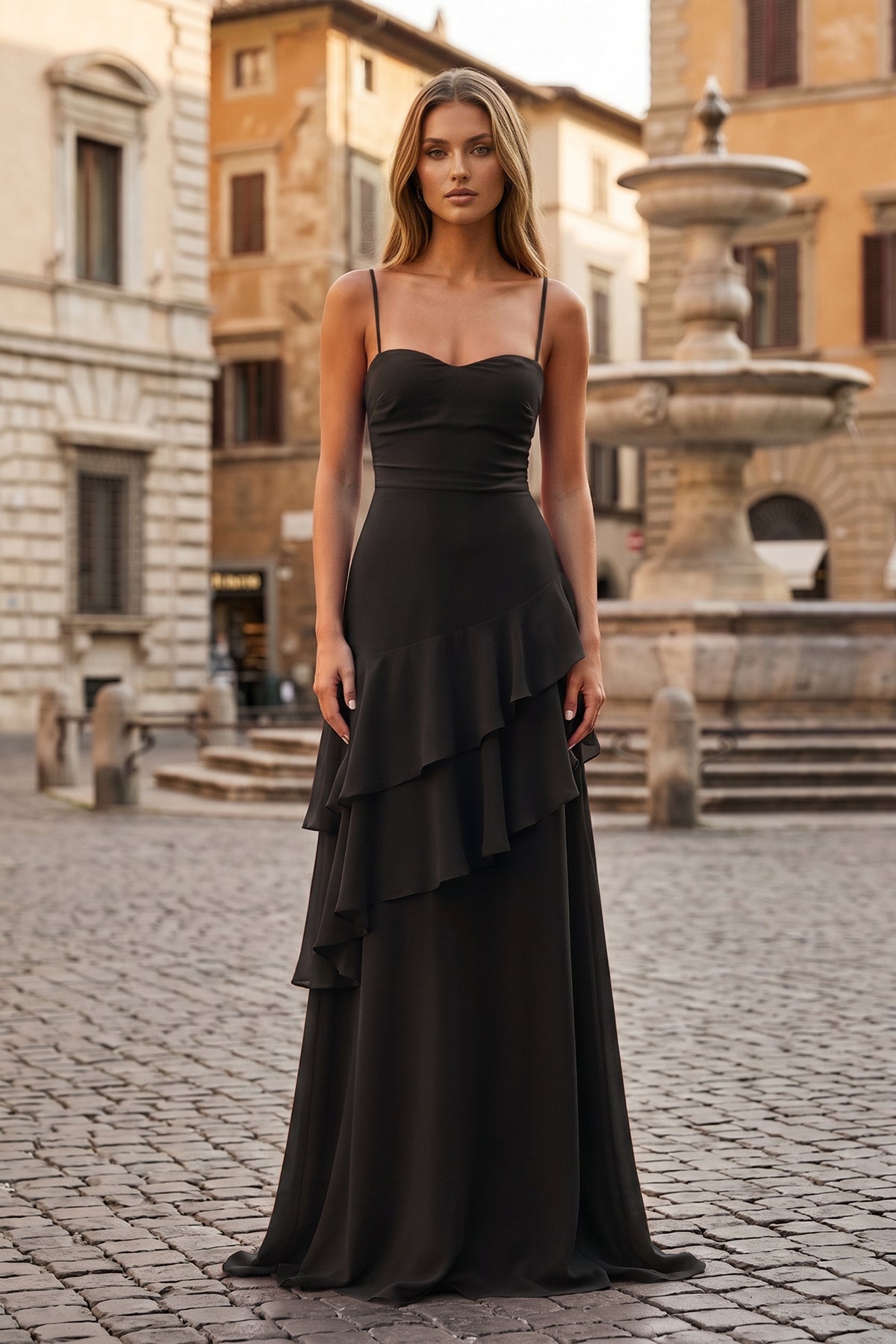 Red Sheath Spaghetti Straps Chiffon Long Prom Dresses with Ruffles - Curvevia