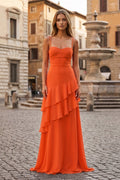 Red Sheath Spaghetti Straps Chiffon Long Prom Dresses with Ruffles - Curvevia