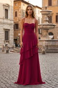 Red Sheath Spaghetti Straps Chiffon Long Prom Dresses with Ruffles - Curvevia