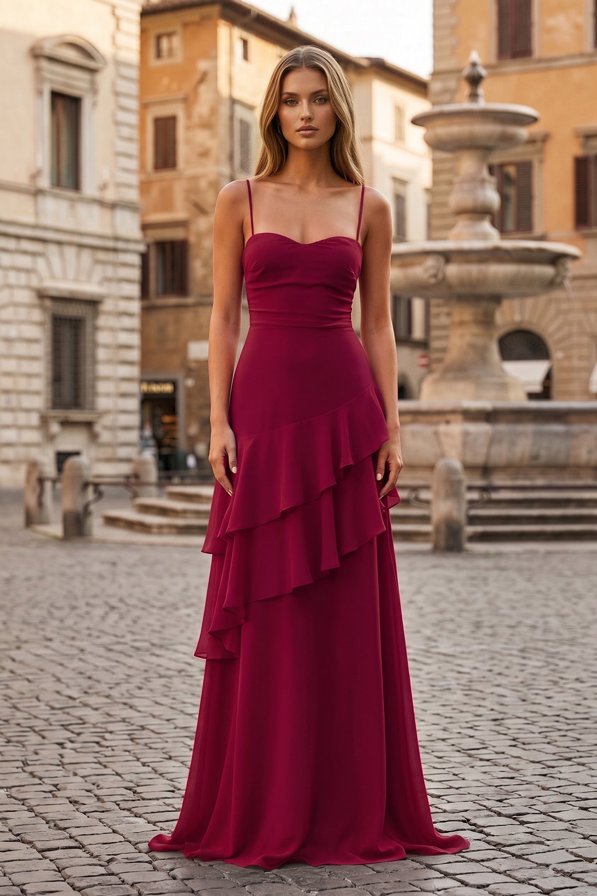 Red Sheath Spaghetti Straps Chiffon Long Prom Dresses with Ruffles - Curvevia