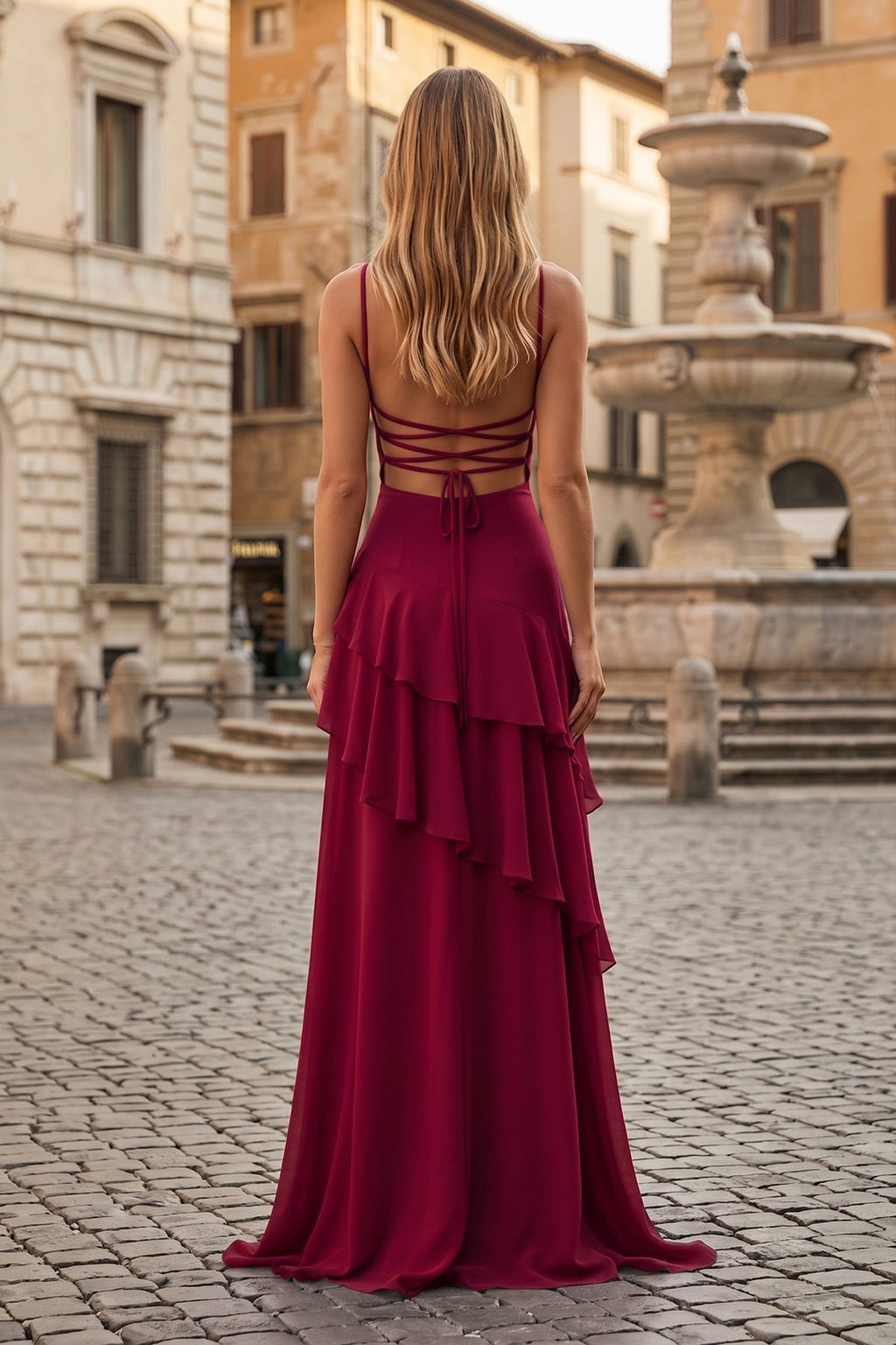 Red Sheath Spaghetti Straps Chiffon Long Prom Dresses with Ruffles - Curvevia