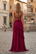 Red Sheath Spaghetti Straps Chiffon Long Prom Dresses with Ruffles - Curvevia