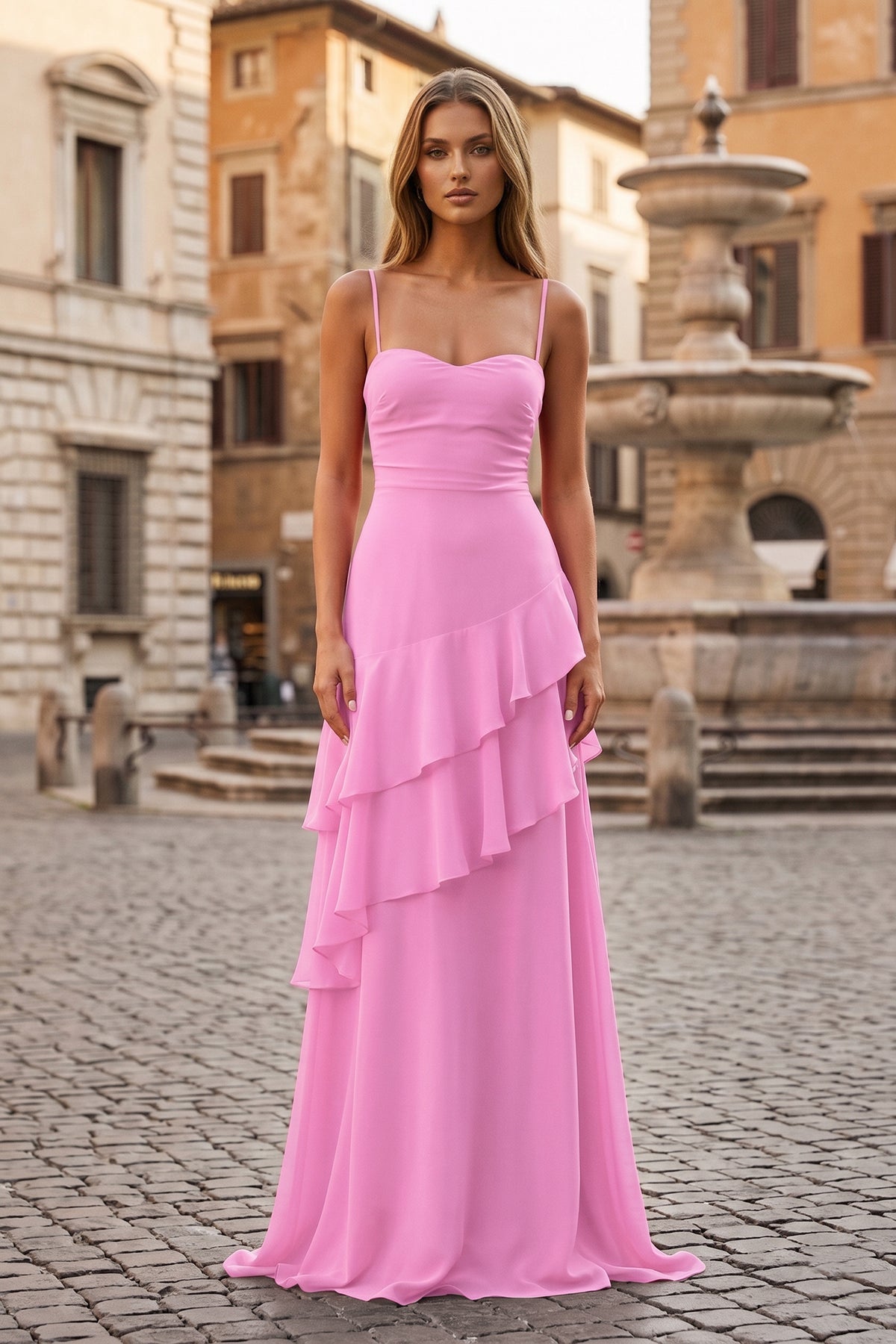 Red Sheath Spaghetti Straps Chiffon Long Prom Dresses with Ruffles - Curvevia