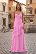 Red Sheath Spaghetti Straps Chiffon Long Prom Dresses with Ruffles - Curvevia