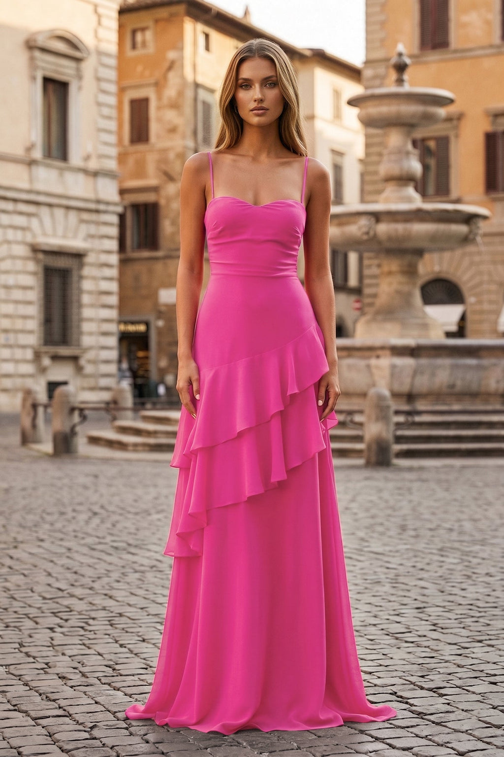 Red Sheath Spaghetti Straps Chiffon Long Prom Dresses with Ruffles - Curvevia
