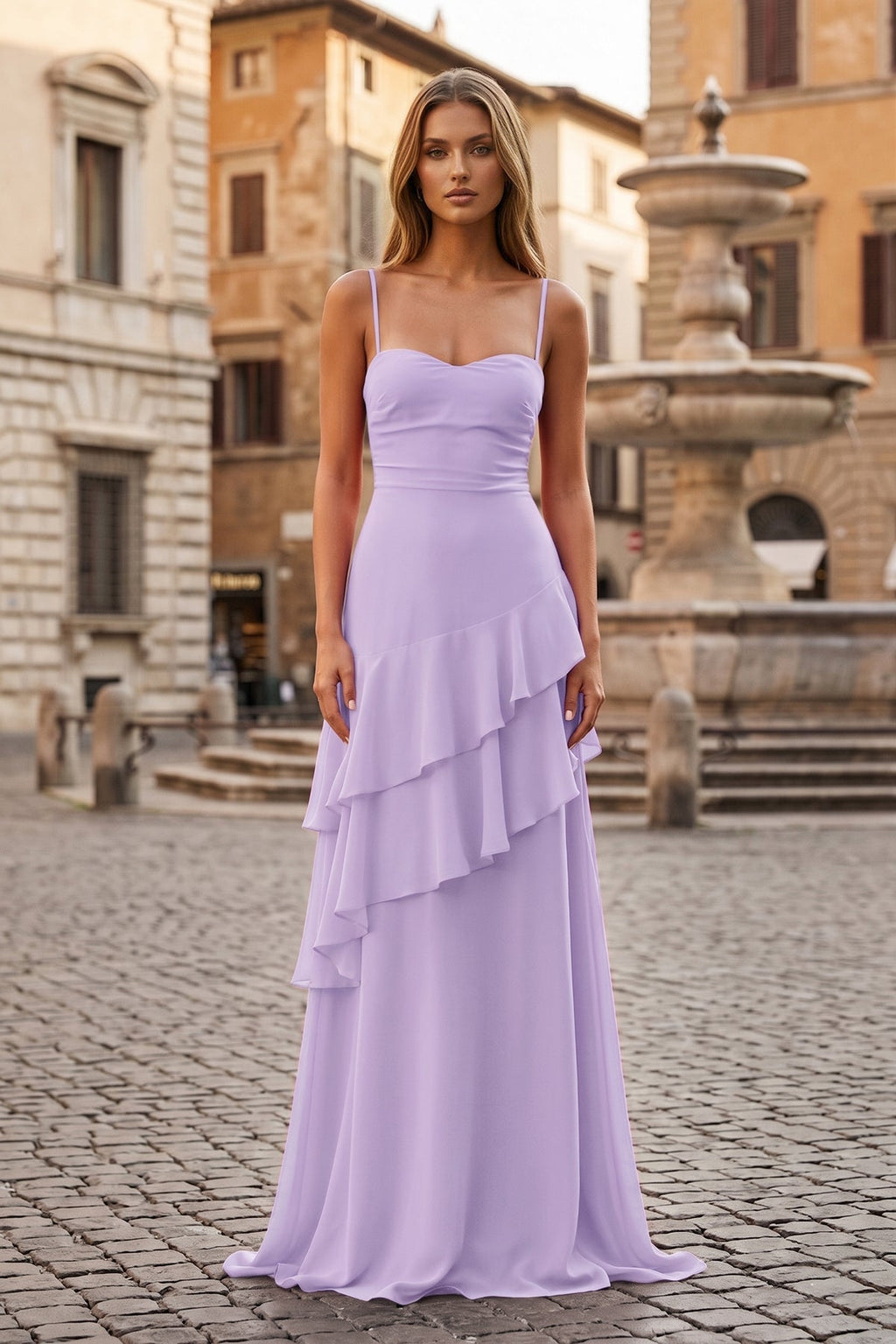 Red Sheath Spaghetti Straps Chiffon Long Prom Dresses with Ruffles - Curvevia