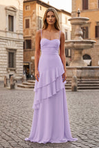 Red Sheath Spaghetti Straps Chiffon Long Prom Dresses with Ruffles - Curvevia
