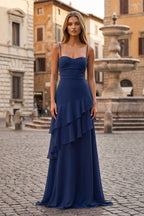 Red Sheath Spaghetti Straps Chiffon Long Prom Dresses with Ruffles - Curvevia