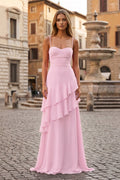 Red Sheath Spaghetti Straps Chiffon Long Prom Dresses with Ruffles - Curvevia