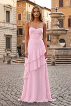 Red Sheath Spaghetti Straps Chiffon Long Prom Dresses with Ruffles - Curvevia