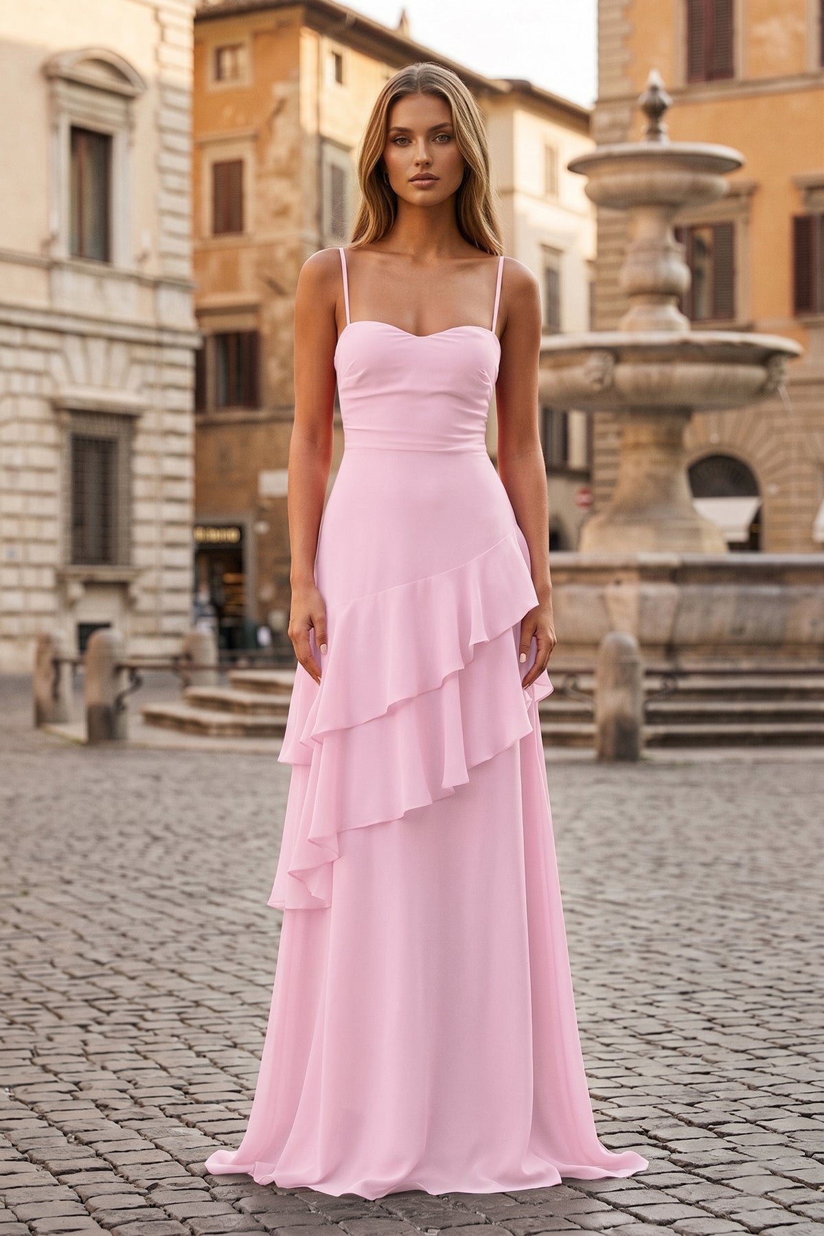 Red Sheath Spaghetti Straps Chiffon Long Prom Dresses with Ruffles - Curvevia