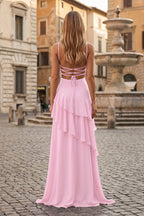 Red Sheath Spaghetti Straps Chiffon Long Prom Dresses with Ruffles - Curvevia