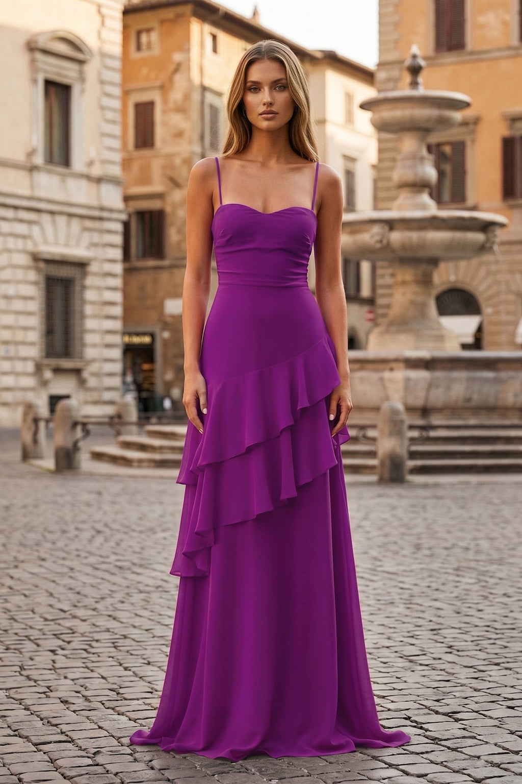 Red Sheath Spaghetti Straps Chiffon Long Prom Dresses with Ruffles - Curvevia