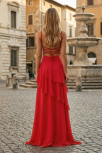 Red Sheath Spaghetti Straps Chiffon Long Prom Dresses with Ruffles - Curvevia