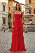 Red Sheath Spaghetti Straps Chiffon Long Prom Dresses with Ruffles - Curvevia