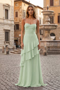 Red Sheath Spaghetti Straps Chiffon Long Prom Dresses with Ruffles - Curvevia