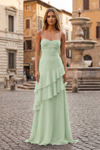Red Sheath Spaghetti Straps Chiffon Long Prom Dresses with Ruffles - Curvevia