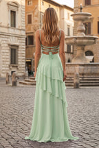 Red Sheath Spaghetti Straps Chiffon Long Prom Dresses with Ruffles - Curvevia