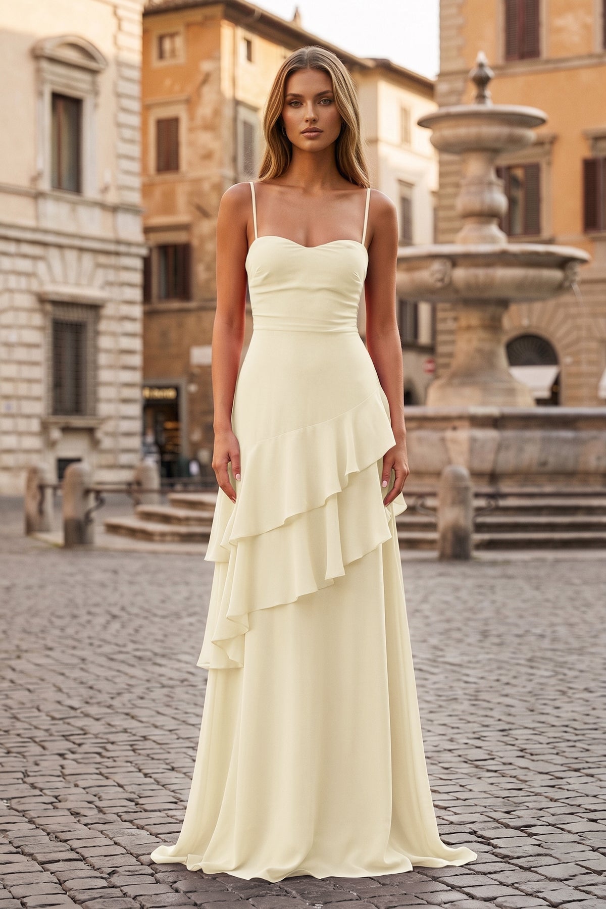 Red Sheath Spaghetti Straps Chiffon Long Prom Dresses with Ruffles - Curvevia