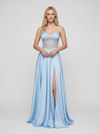 Sky Blue Satin A-Line Sweetheart Lace-up Floor-Length Dress with Sheer Corset Bodice & Pockets - Curvevia