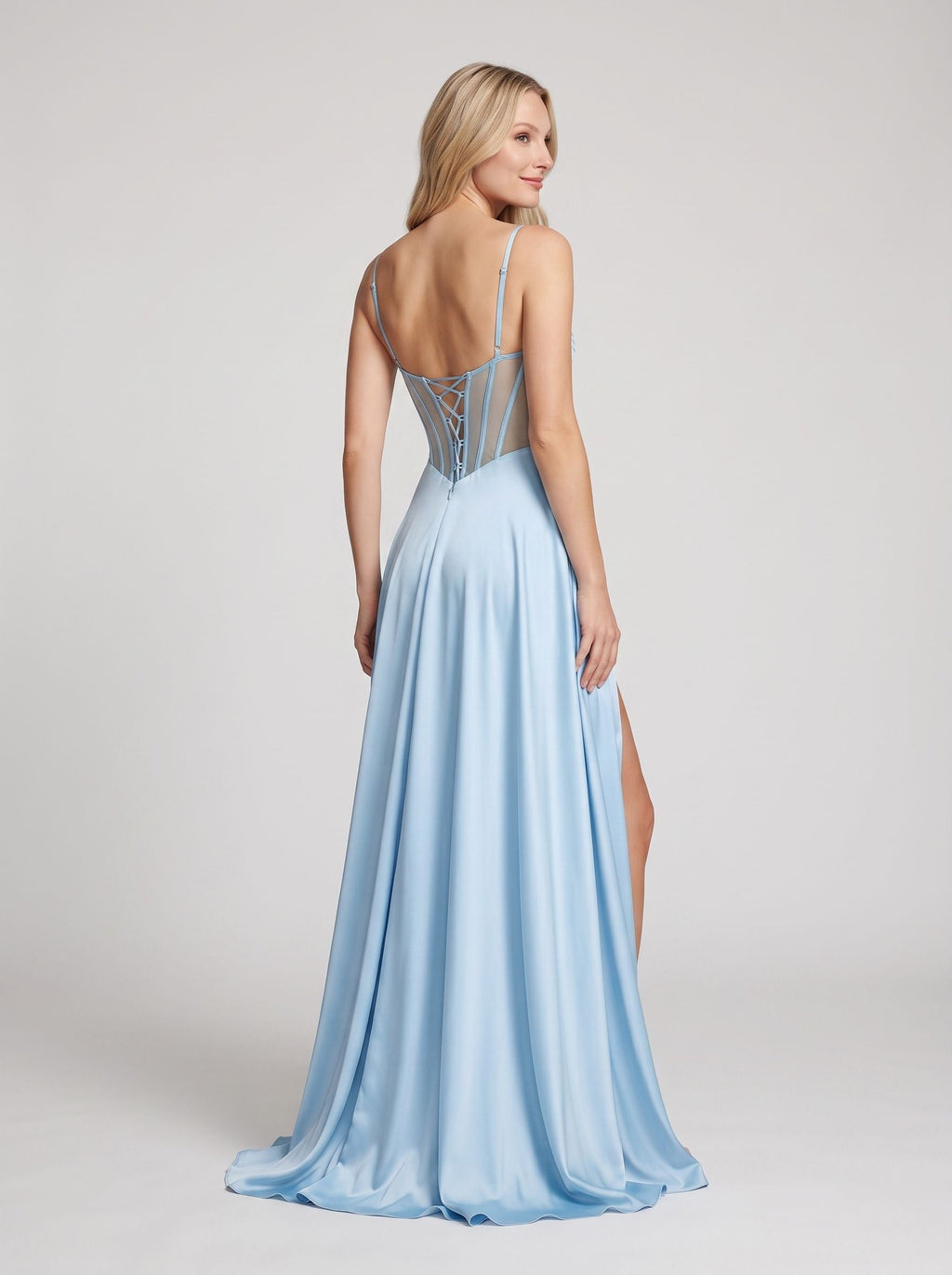 Sky Blue Satin A-Line Sweetheart Lace-up Floor-Length Dress with Sheer Corset Bodice & Pockets - Curvevia