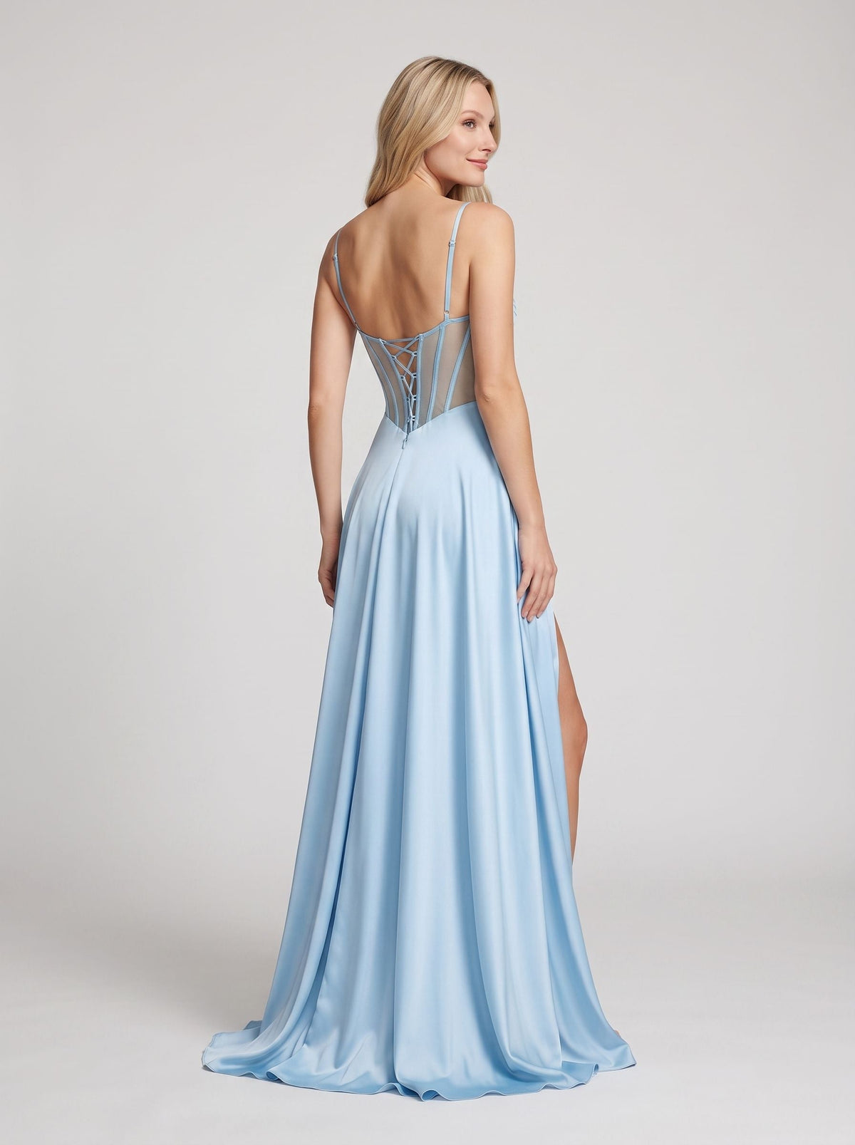 Sky Blue Satin A-Line Sweetheart Lace-up Floor-Length Dress with Sheer Corset Bodice & Pockets - Curvevia