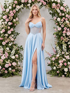 Sky Blue Satin A-Line Sweetheart Lace-up Floor-Length Dress with Sheer Corset Bodice & Pockets - Curvevia