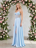 Sky Blue Satin A-Line Sweetheart Lace-up Floor-Length Dress with Sheer Corset Bodice & Pockets - Curvevia