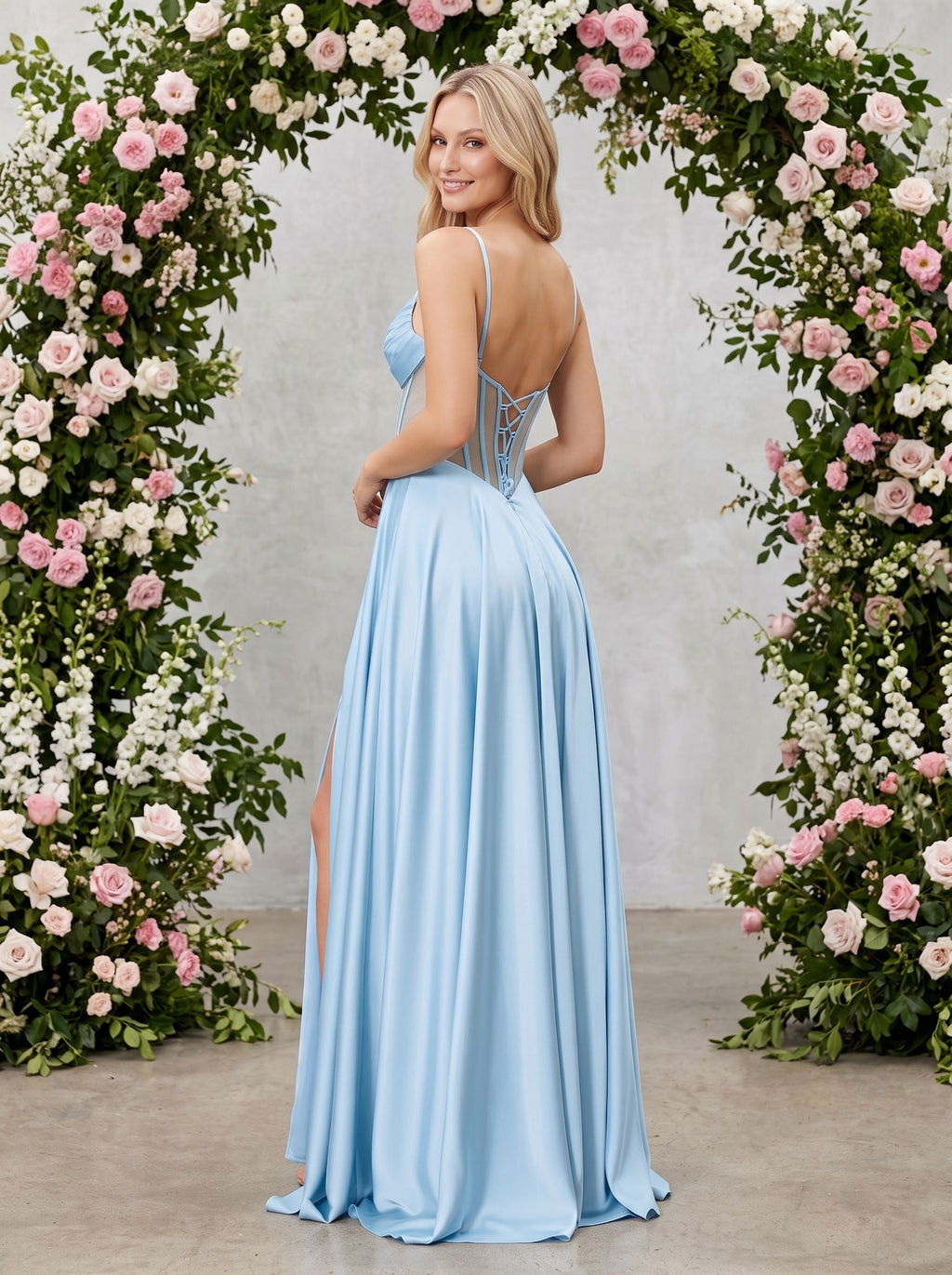 Sky Blue Satin A-Line Sweetheart Lace-up Floor-Length Dress with Sheer Corset Bodice & Pockets - Curvevia